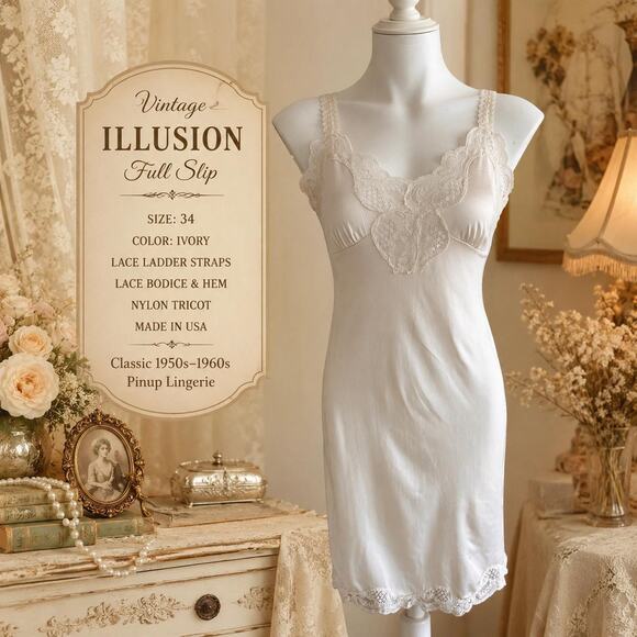 Illusion Other - Vintage Illusion Full Slip Sz 34 Ivory Lace Ladder Strap Bodice Pinup Lingerie